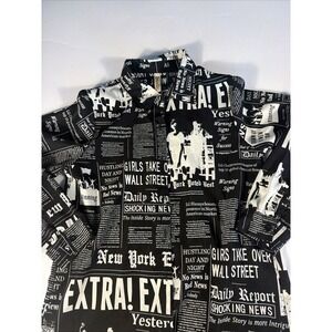 Streetwise Y2K Black White Newspaper Print Drawstring Neck Button Up Size Medium